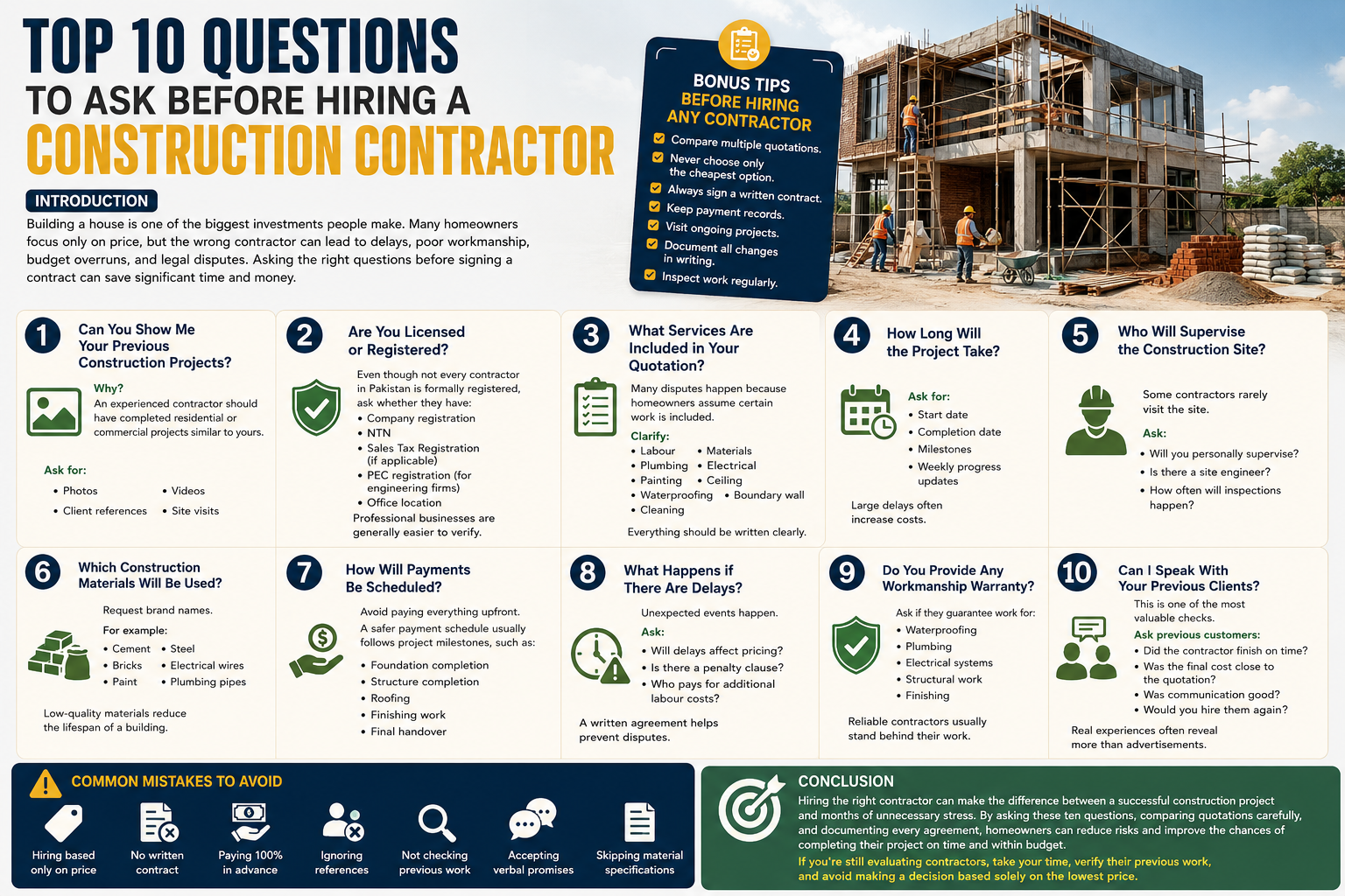 Top 10 Questions to Ask Before Hiring a Contractor in Pakistan